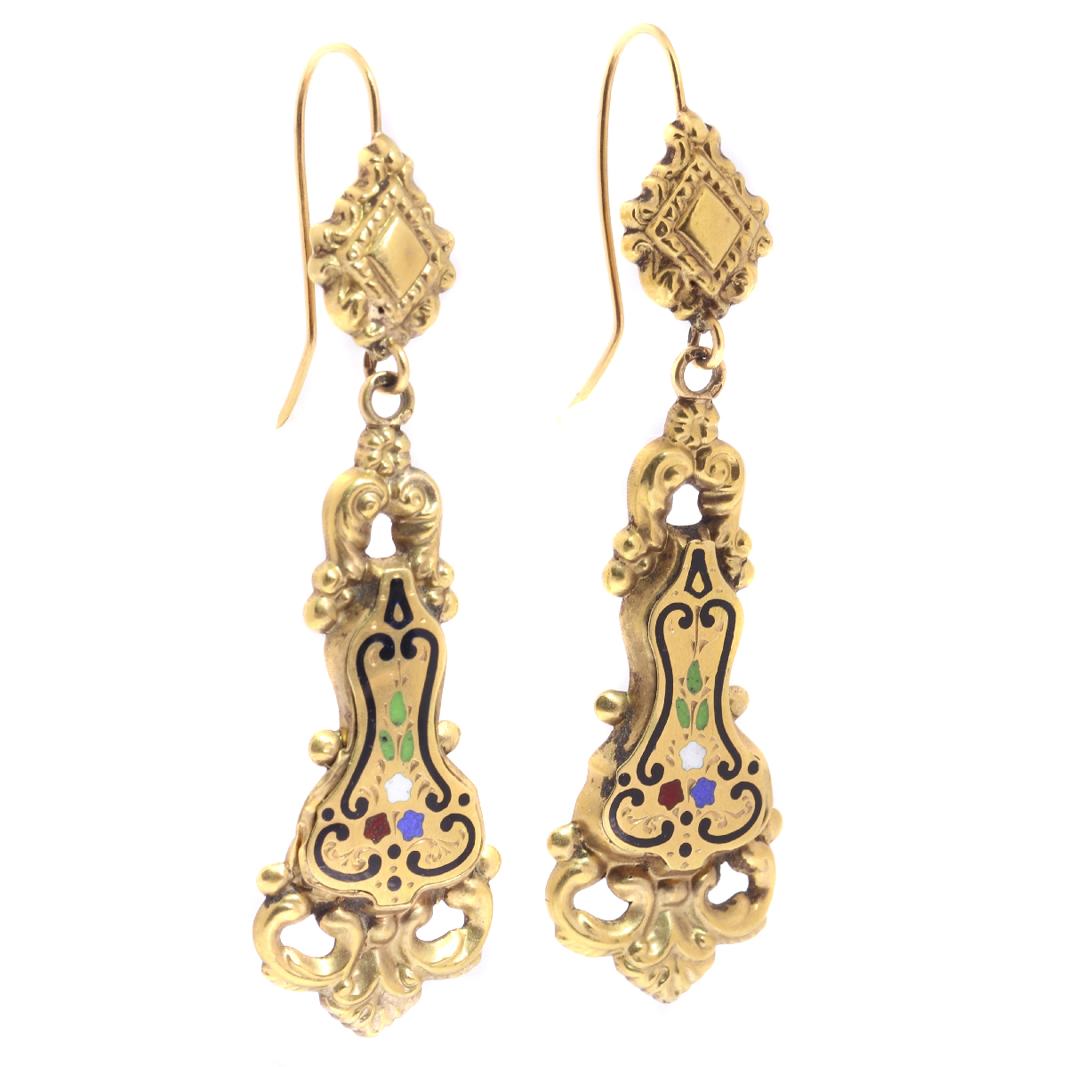 Antique floral enamel dangle earrings yellow gold, Victorian era (image 3 of 11)